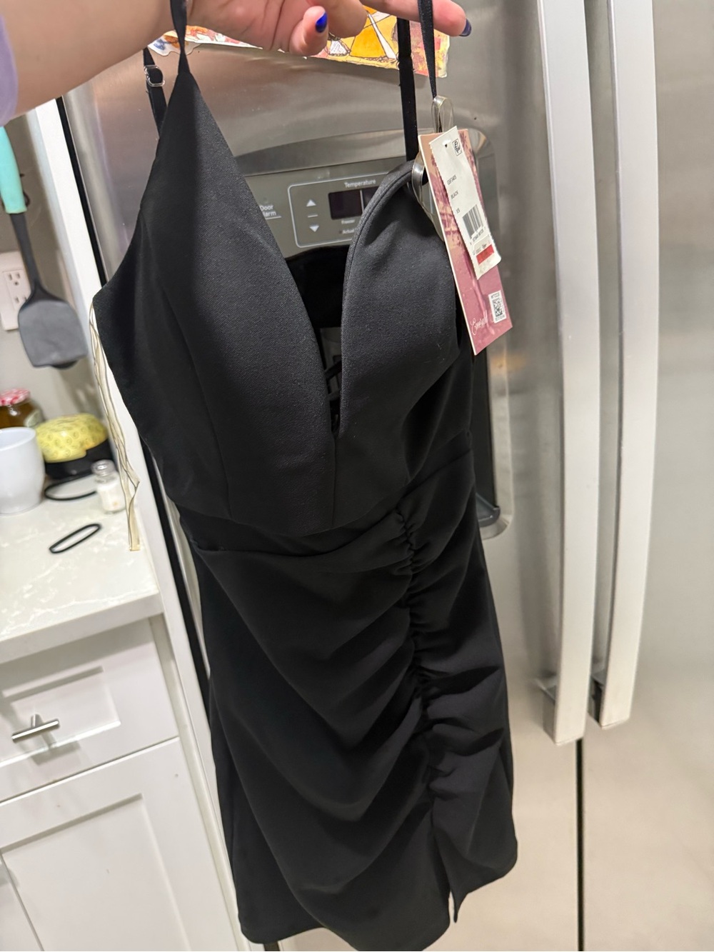 Black Ruched V-Neck Mini Dress with Adjustable Straps